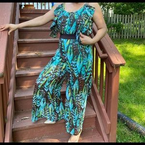 Hawaiian print jumpsuit ruffled sleeves